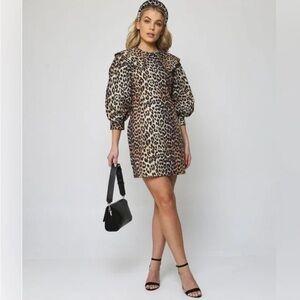 Ganni Animal Print Mini Dress with Puff Sleeves